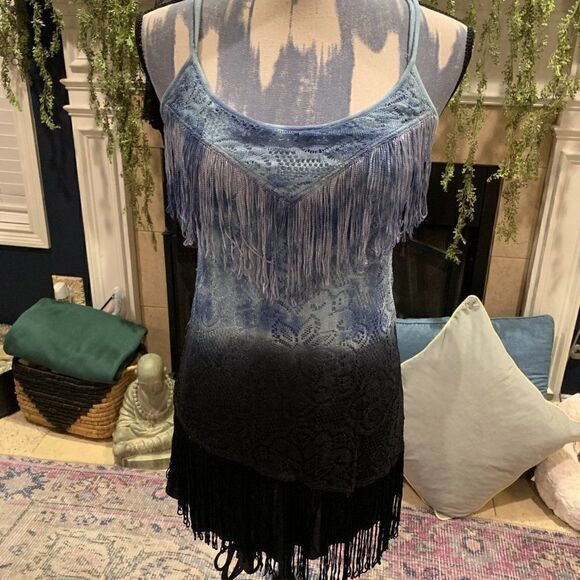 Free People light blue tie dye to ombre black lace cami with fringe accents 2 - Picture 1 of 16